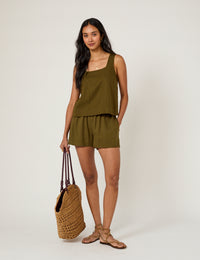 Khaki Green Linen-Blend Top