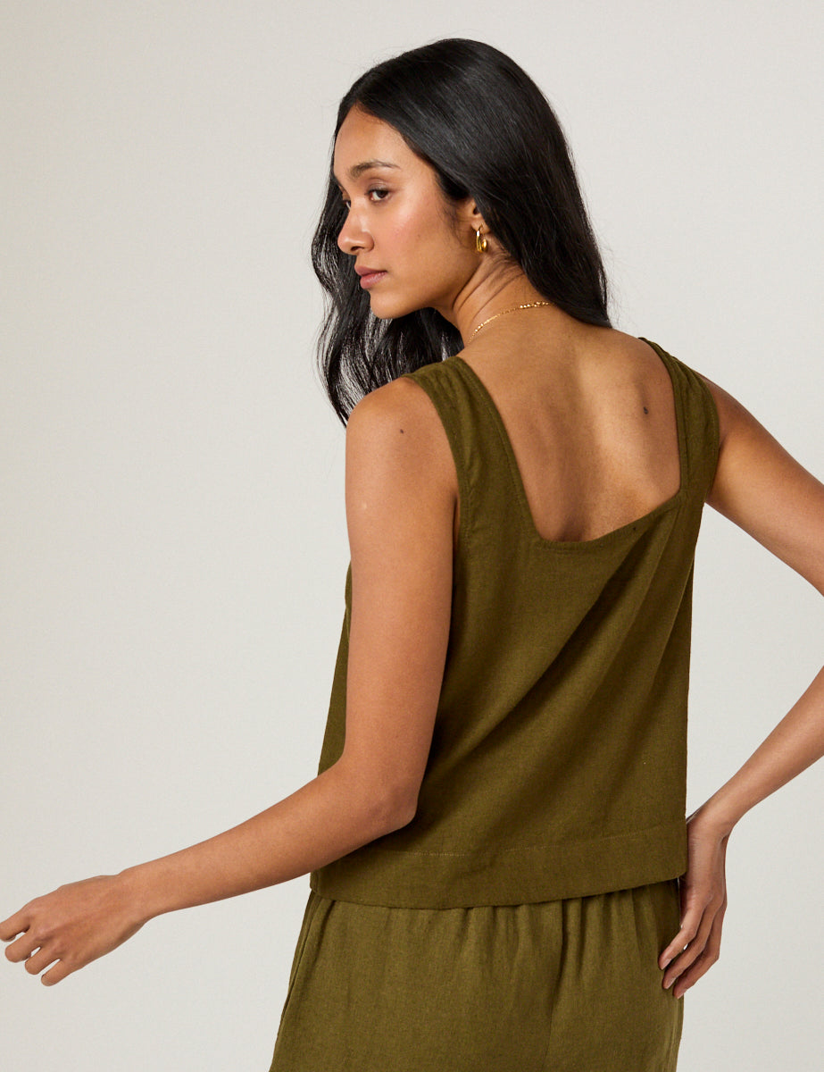 Khaki Green Linen-Blend Top
