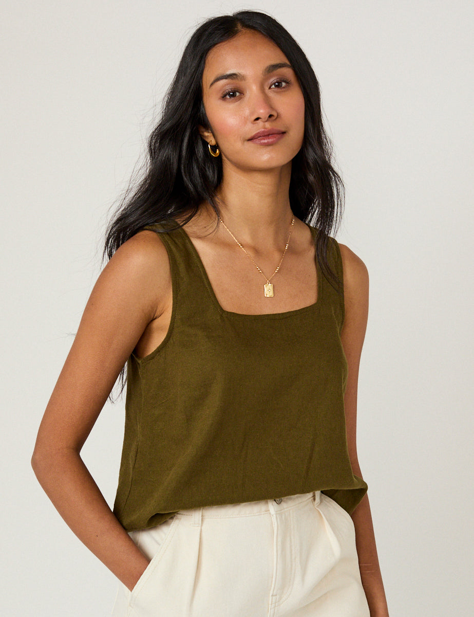 Khaki Green Linen-Blend Top