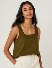 Khaki Green Linen-Blend Top