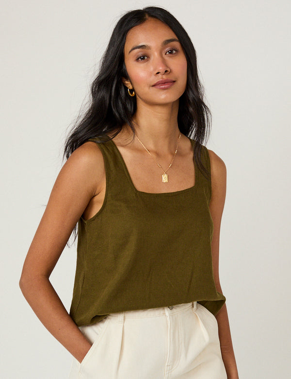 Khaki Green Linen-Blend Top