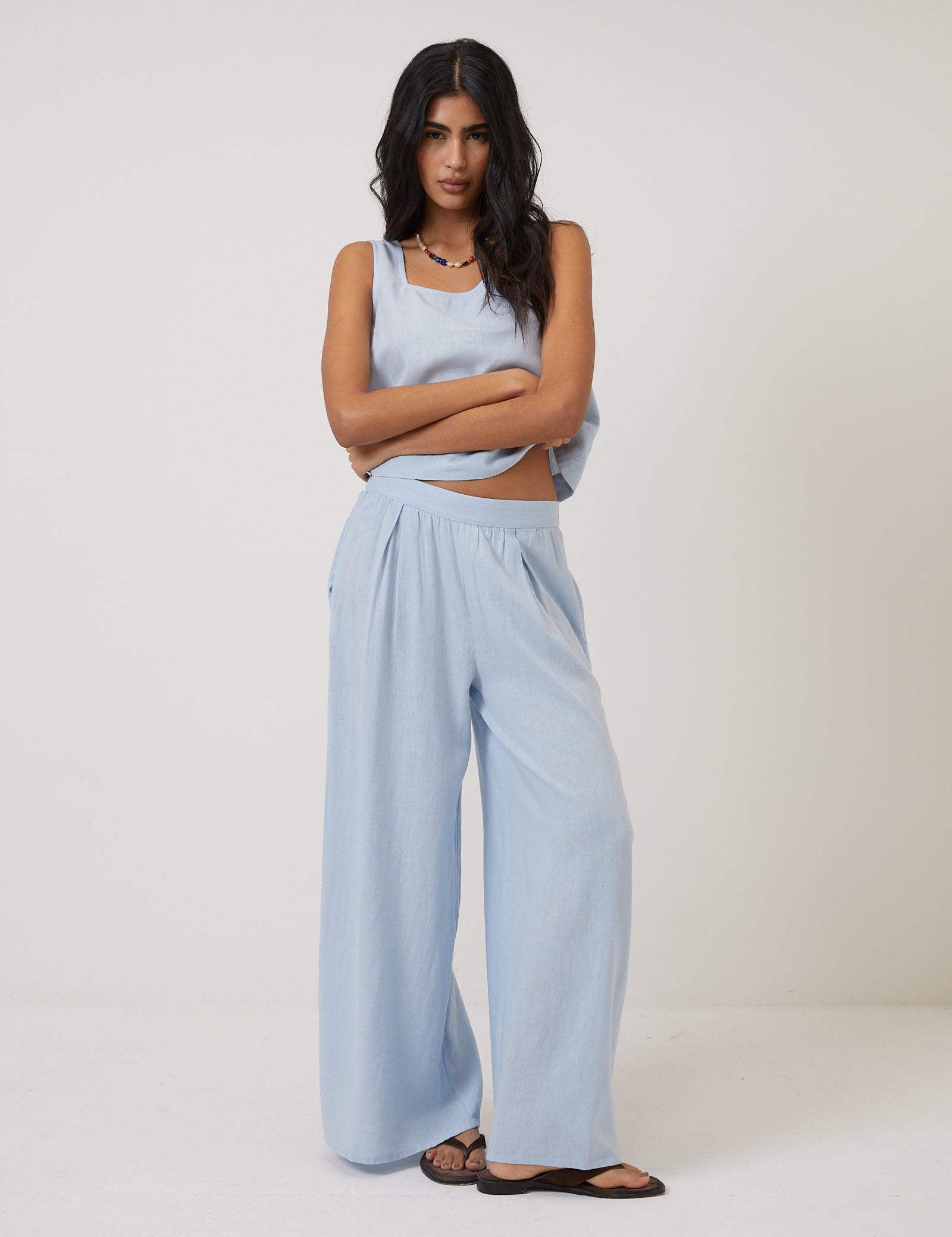 Light Blue Linen-Blend Vest Top