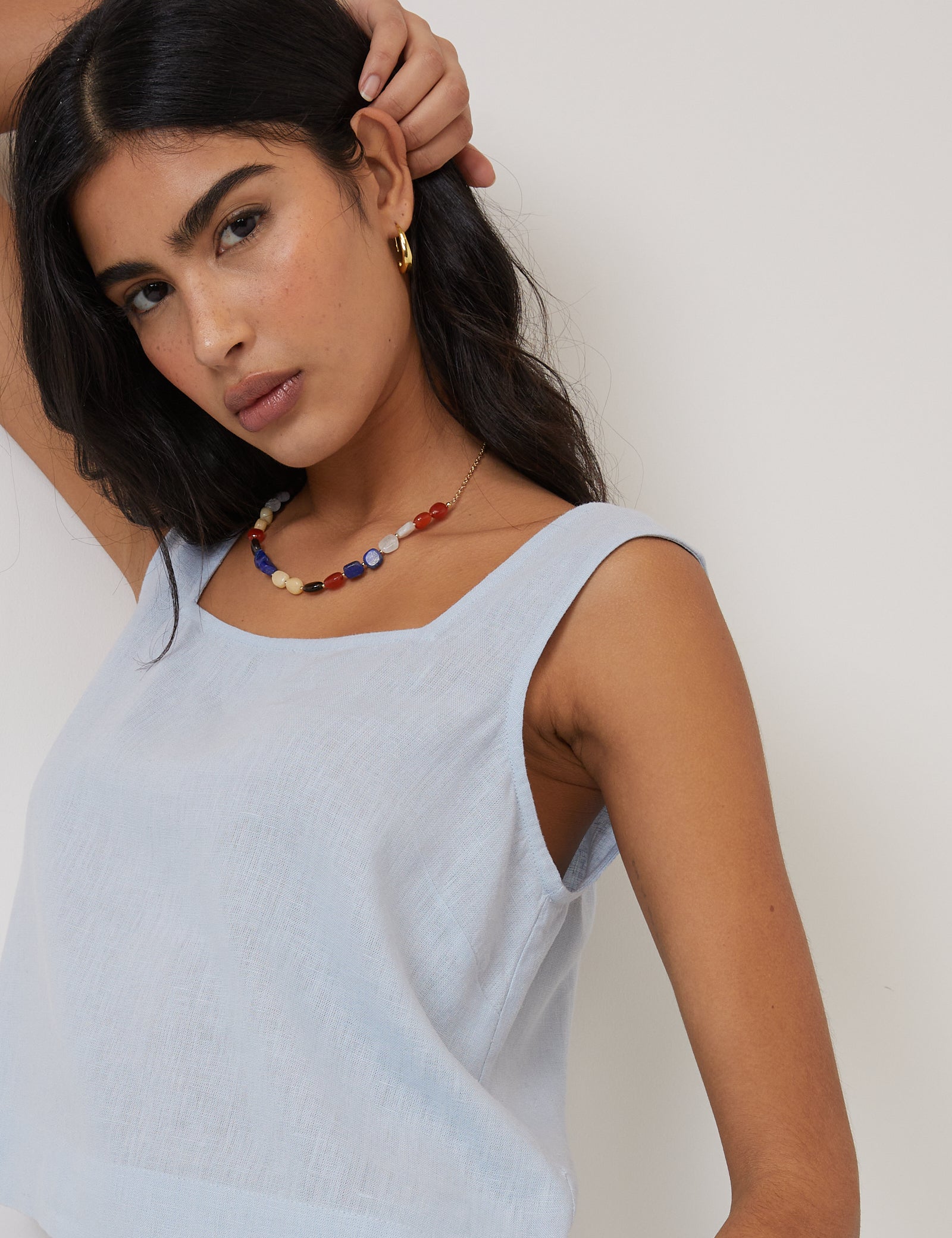 Light Blue Linen-Blend Vest Top