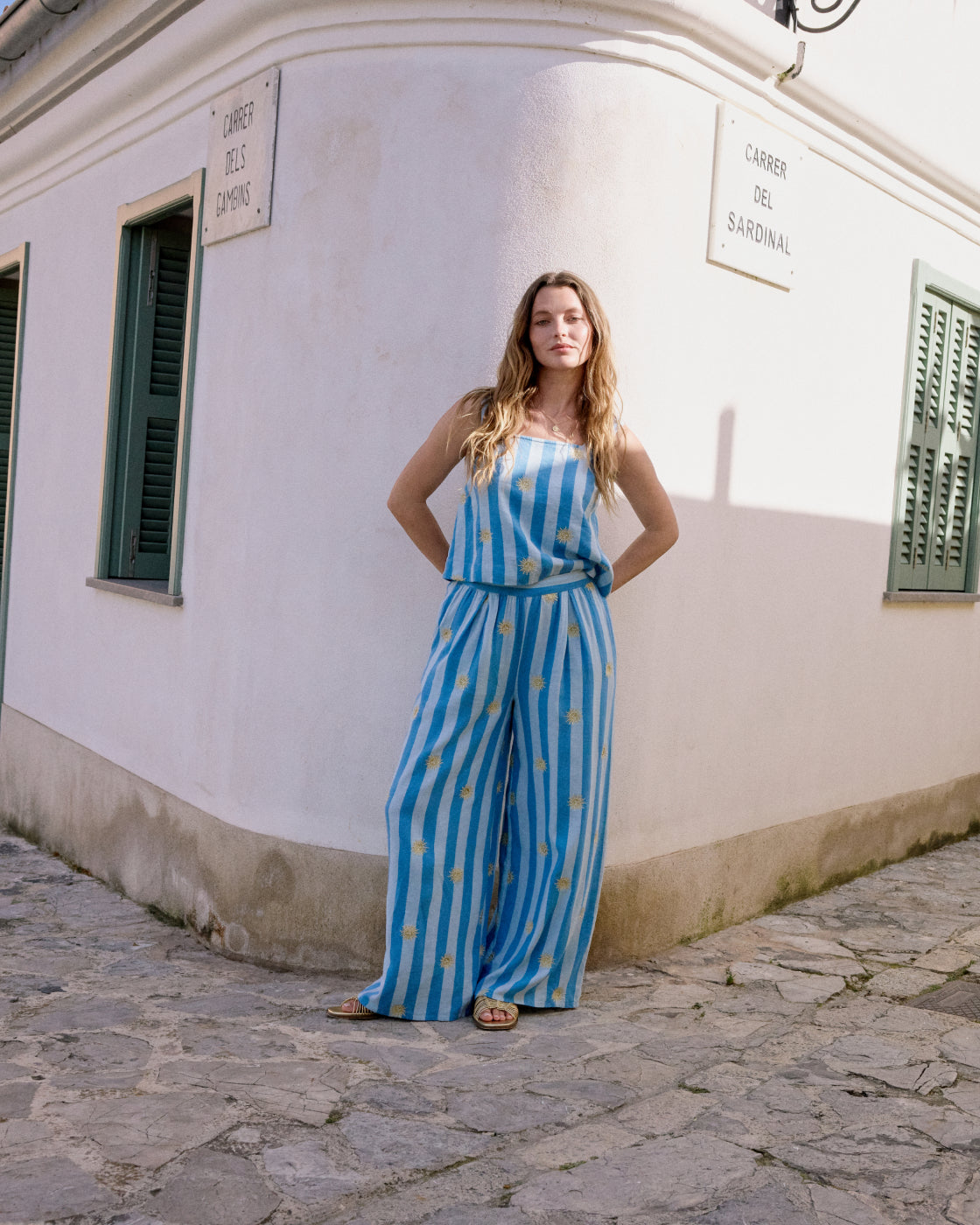 Blue Striped Embroidered Linen-Blend Top