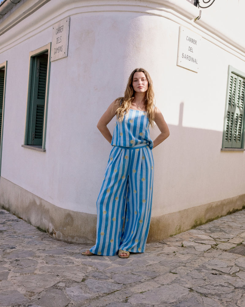 Blue Striped Embroidered Linen-Blend Top