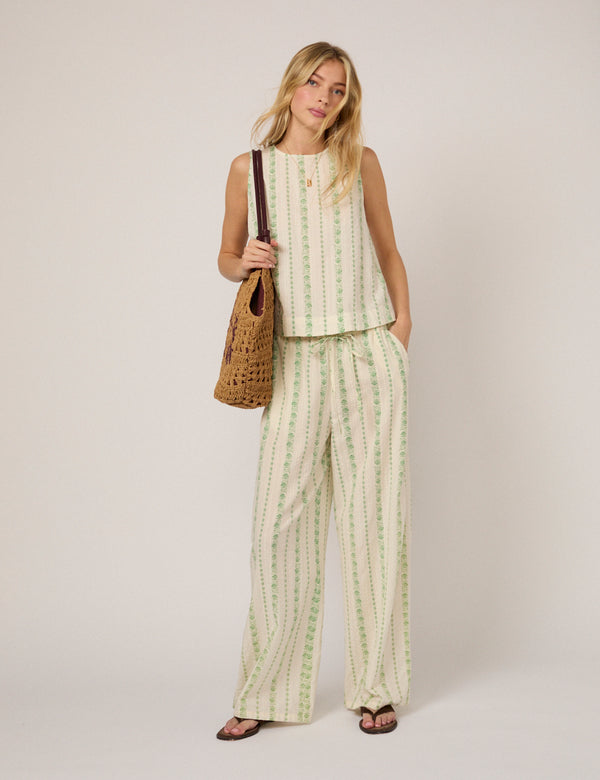 Cream Printed Linen-Blend Swing Top