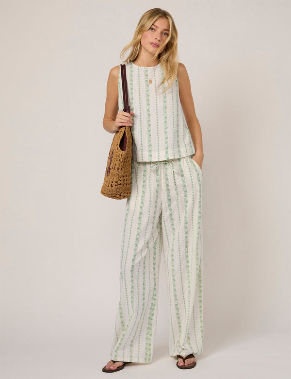 Cream Printed Linen-Blend Swing Top