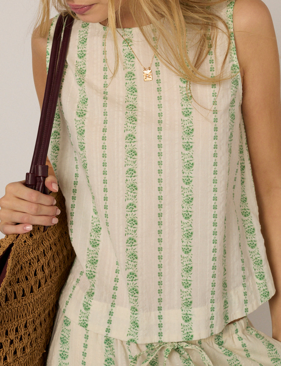 Cream Printed Linen-Blend Swing Top