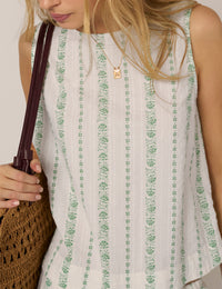 Cream Printed Linen-Blend Swing Top