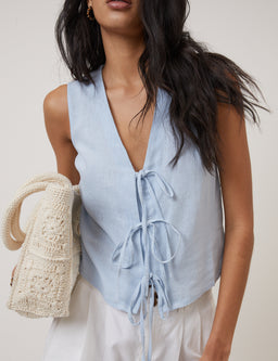 Light Blue Linen-Blend Swing Top