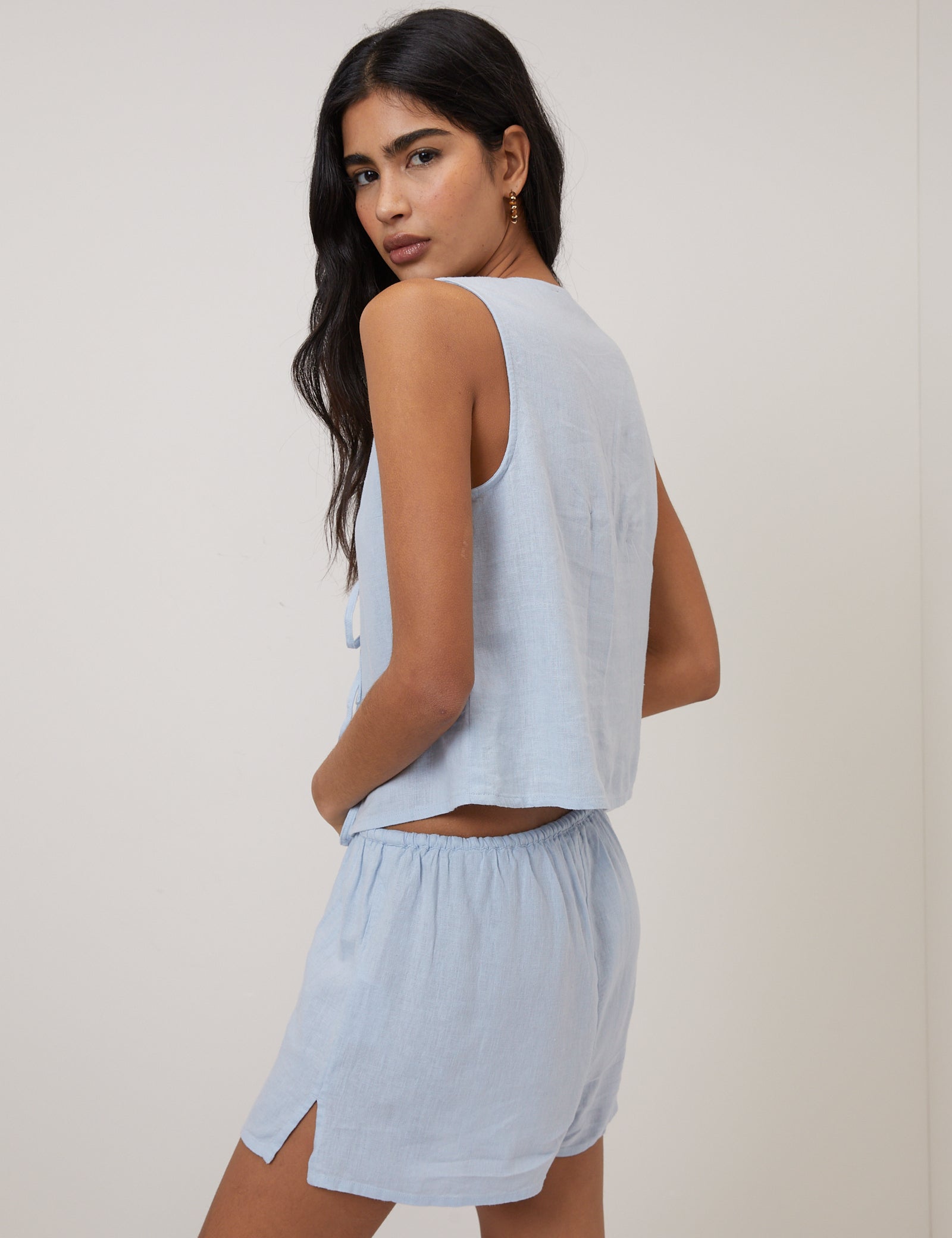 Light Blue Linen-Blend Swing Top