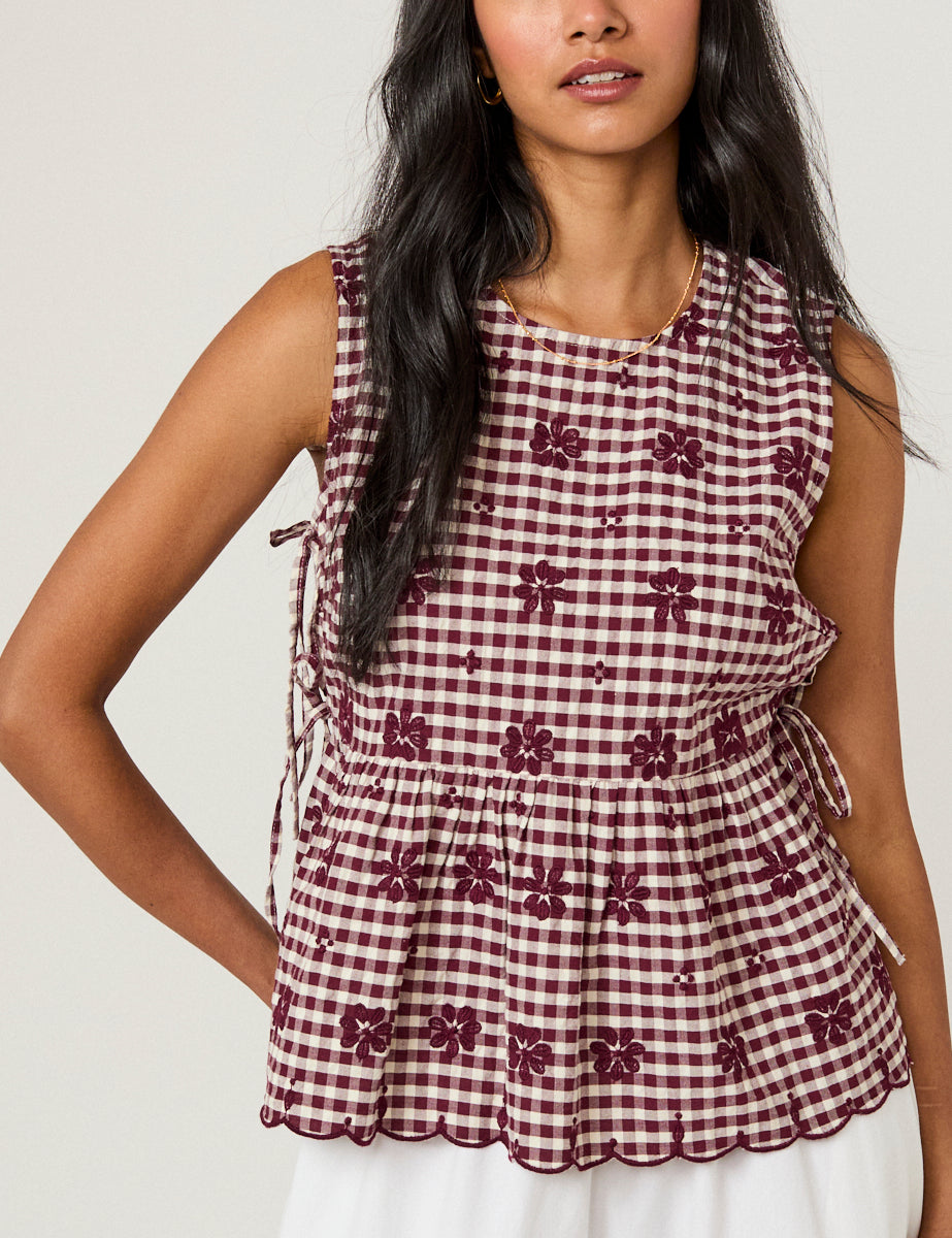 Burgundy Gingham Floral Swing Top