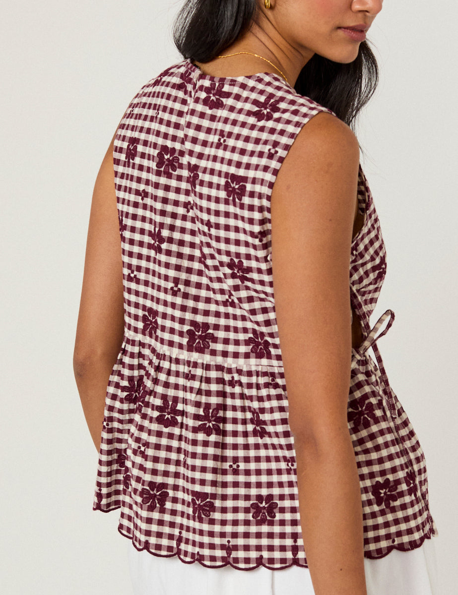 Burgundy Gingham Side Tie Swing Top