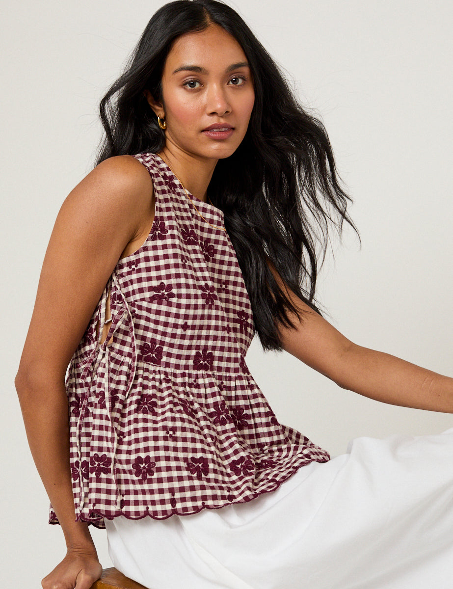 Burgundy Gingham Side Tie Swing Top