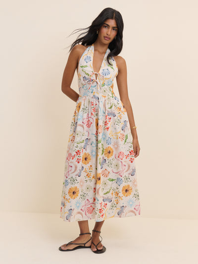 White Floral Halterneck Lilijana Midi Dress