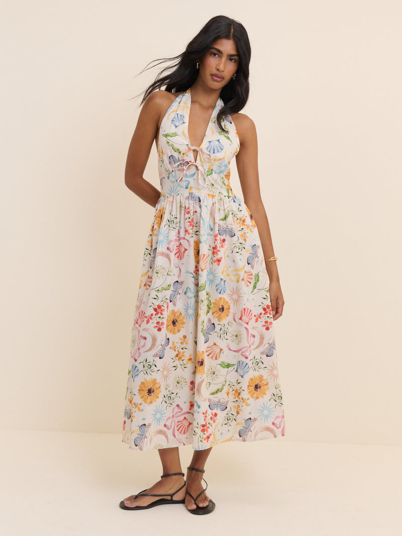 White Floral Halterneck Lilijana Midi Dress