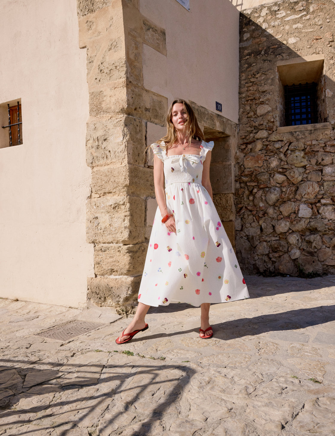 White Floral Shirred Christina Midi Dress White Floral Shirred Christina Midi Dress