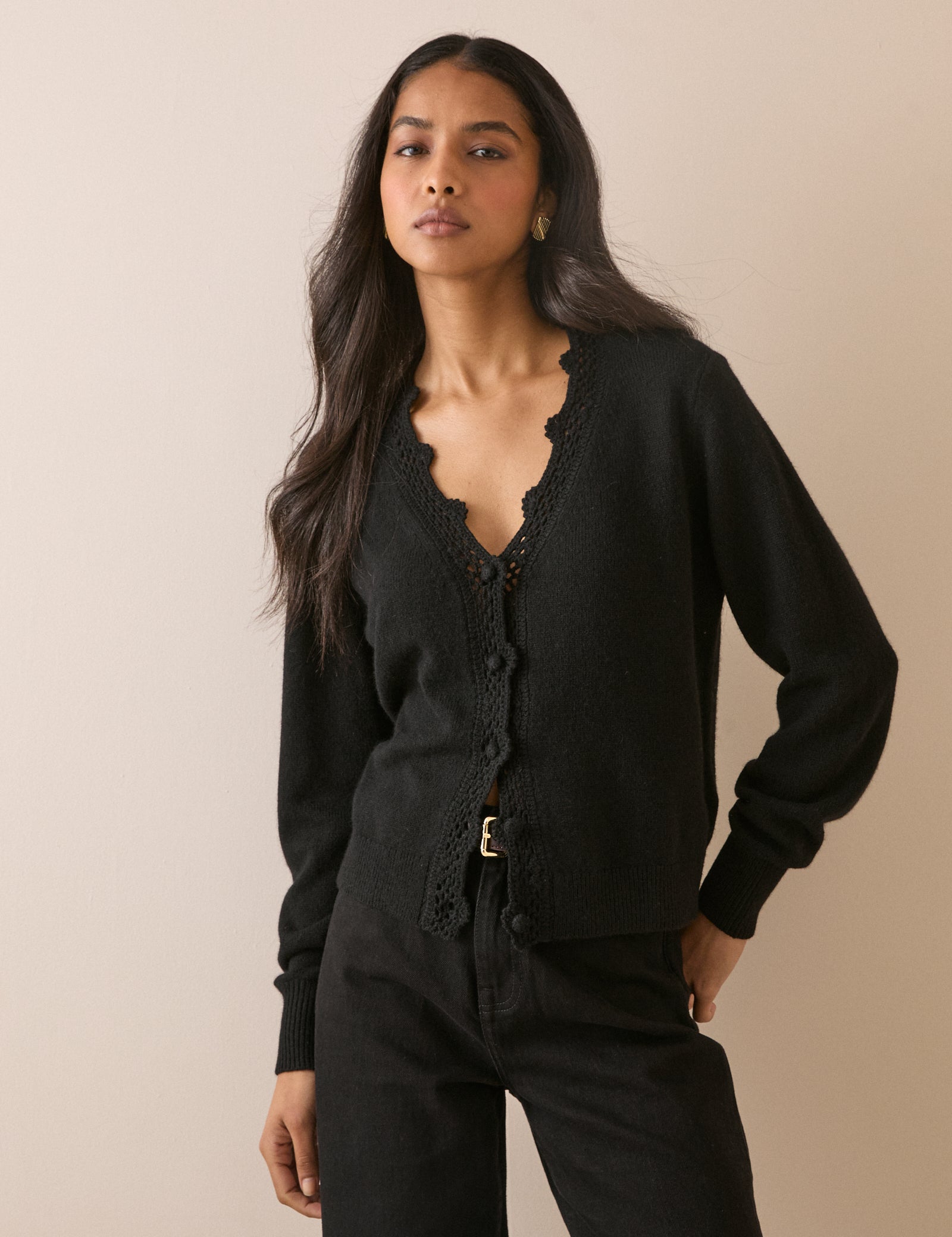 Black Wool Blend Crochet Trim Elodie Cardigan