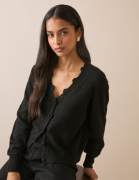Black Wool Blend Crochet Trim Elodie Cardigan