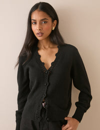 Black Wool Blend Crochet Trim Elodie Cardigan