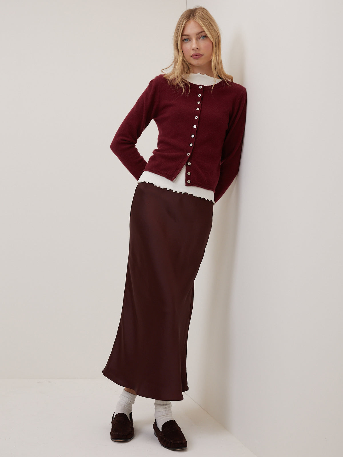 Burgundy Satin Mila Midi Slip Skirt