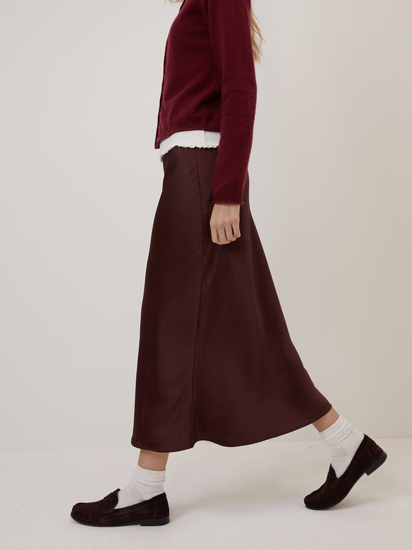 Burgundy Satin Mila Midi Slip Skirt