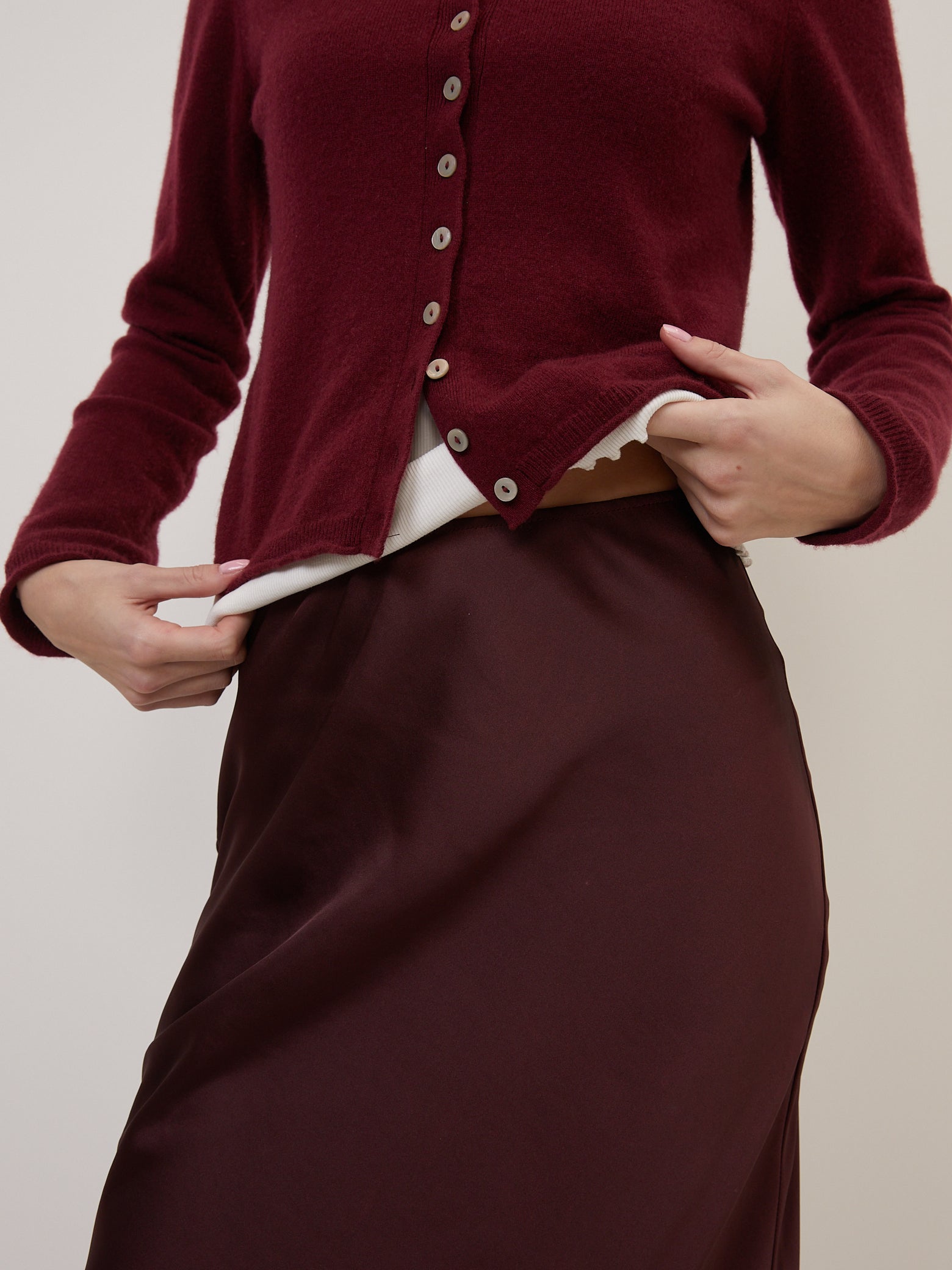 Burgundy Satin Mila Midi Slip Skirt