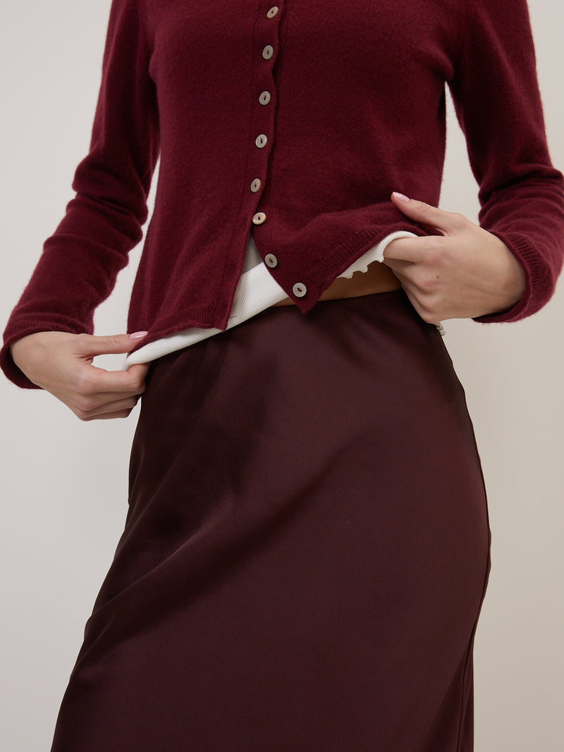 Burgundy Satin Mila Midi Slip Skirt