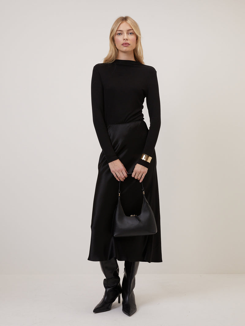 Black Satin Mila Midi Slip Skirt