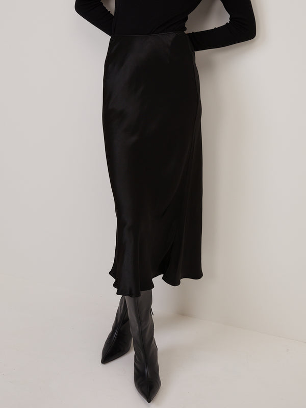 Black Satin Mila Midi Slip Skirt