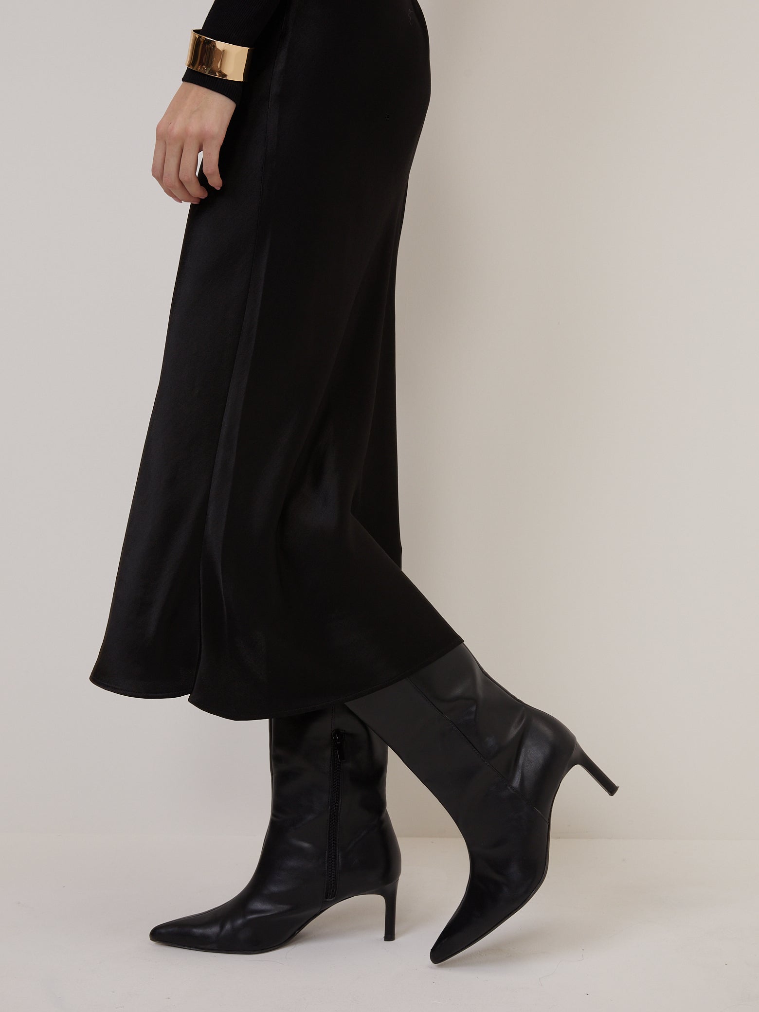 Black Satin Mila Midi Slip Skirt