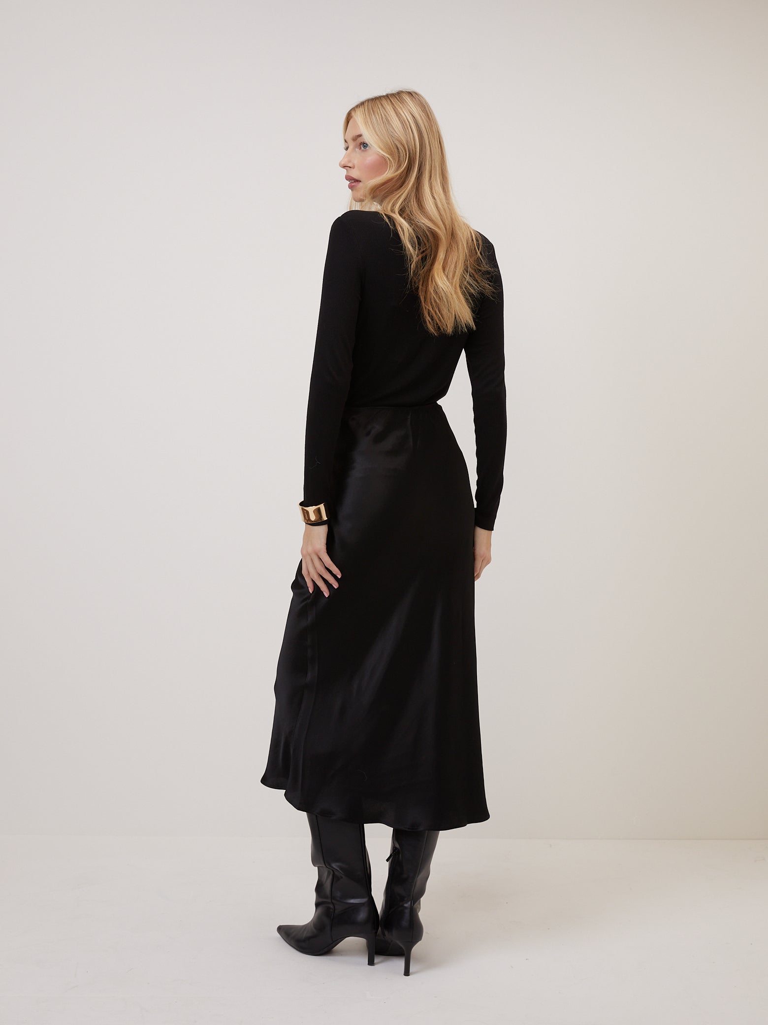 Black Satin Mila Midi Slip Skirt