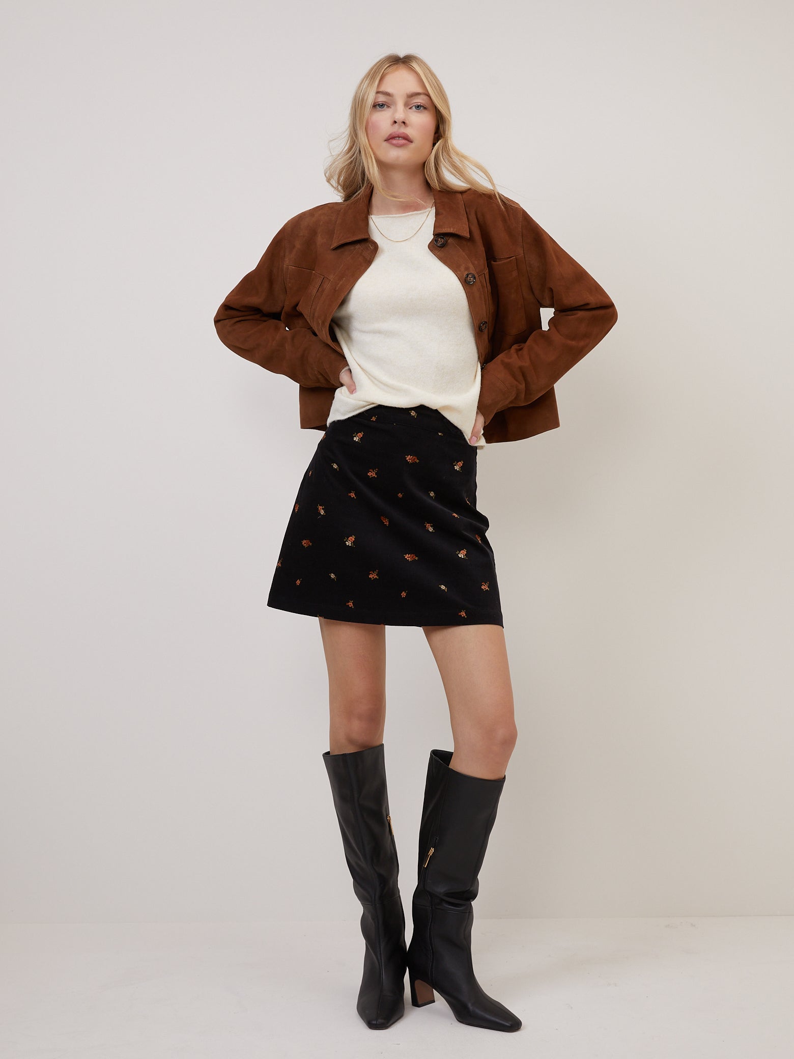 Black Floral Cord Mini Skirt