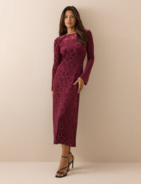 Burgundy Velvet Floral Clarissa Midi Dress