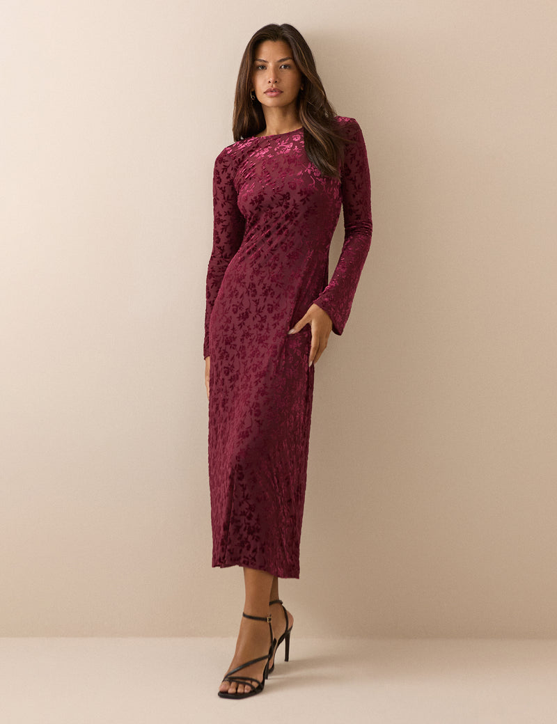 Burgundy Velvet Floral Clarissa Midi Dress