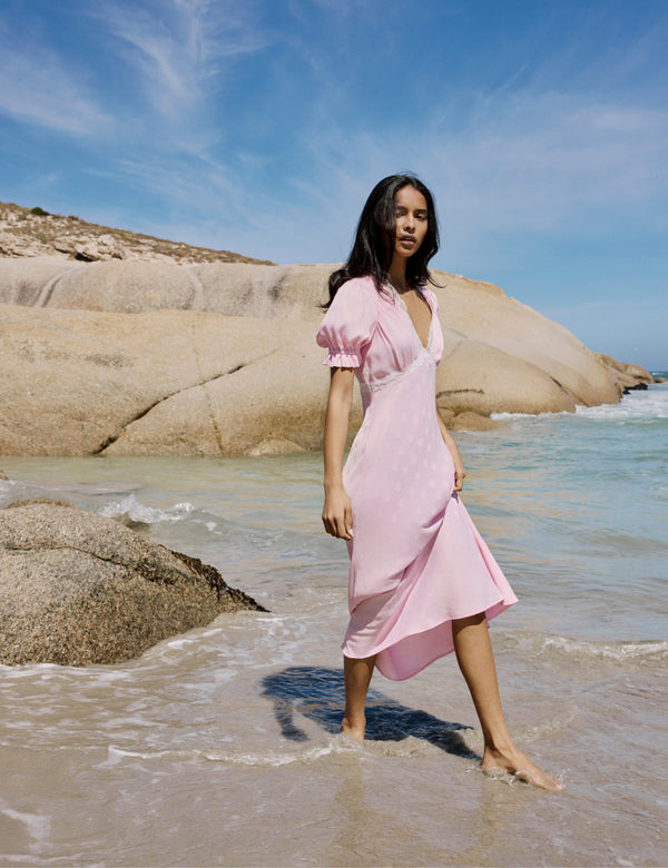 Pink Polka Dot Satin Puff Sleeve Angela Midi Dress