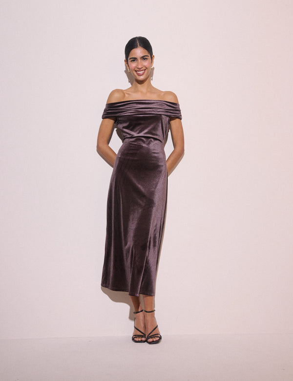 Brown Gathered Velvet Pippa Midi Dress
