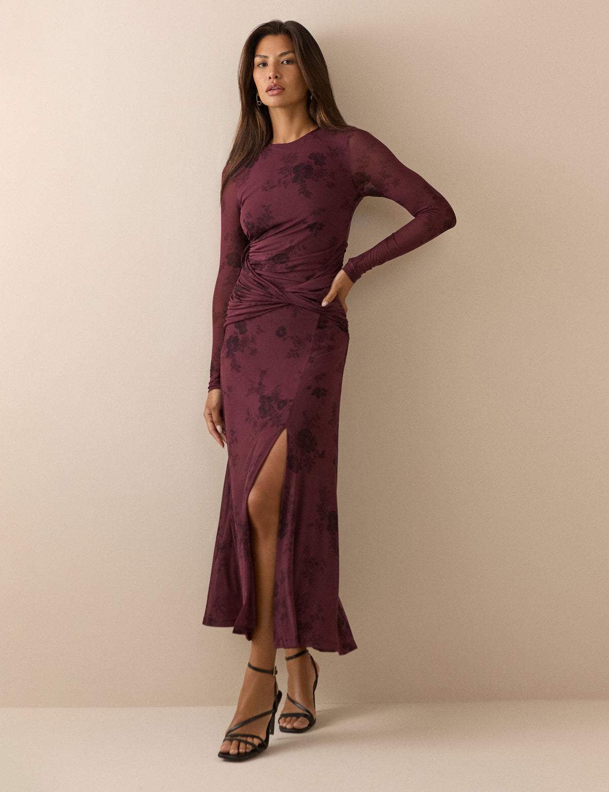 Burgundy Floral Long Sleeve Ruched Tammy Midi Dress