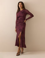 Burgundy Floral Long Sleeve Ruched Tammy Midi Dress
