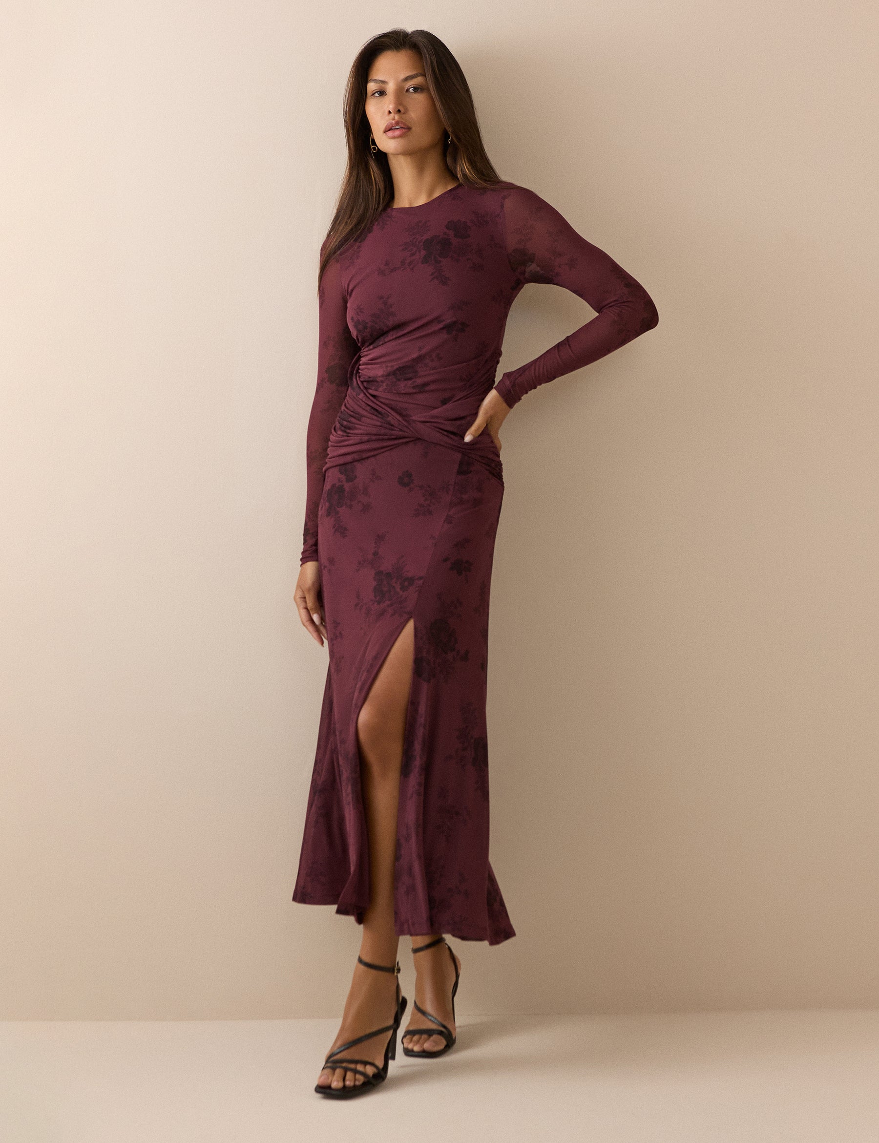 Burgundy Floral Long Sleeve Ruched Tammy Midi Dress