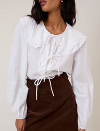 White Peter Pan Collar Tie Front Blouse