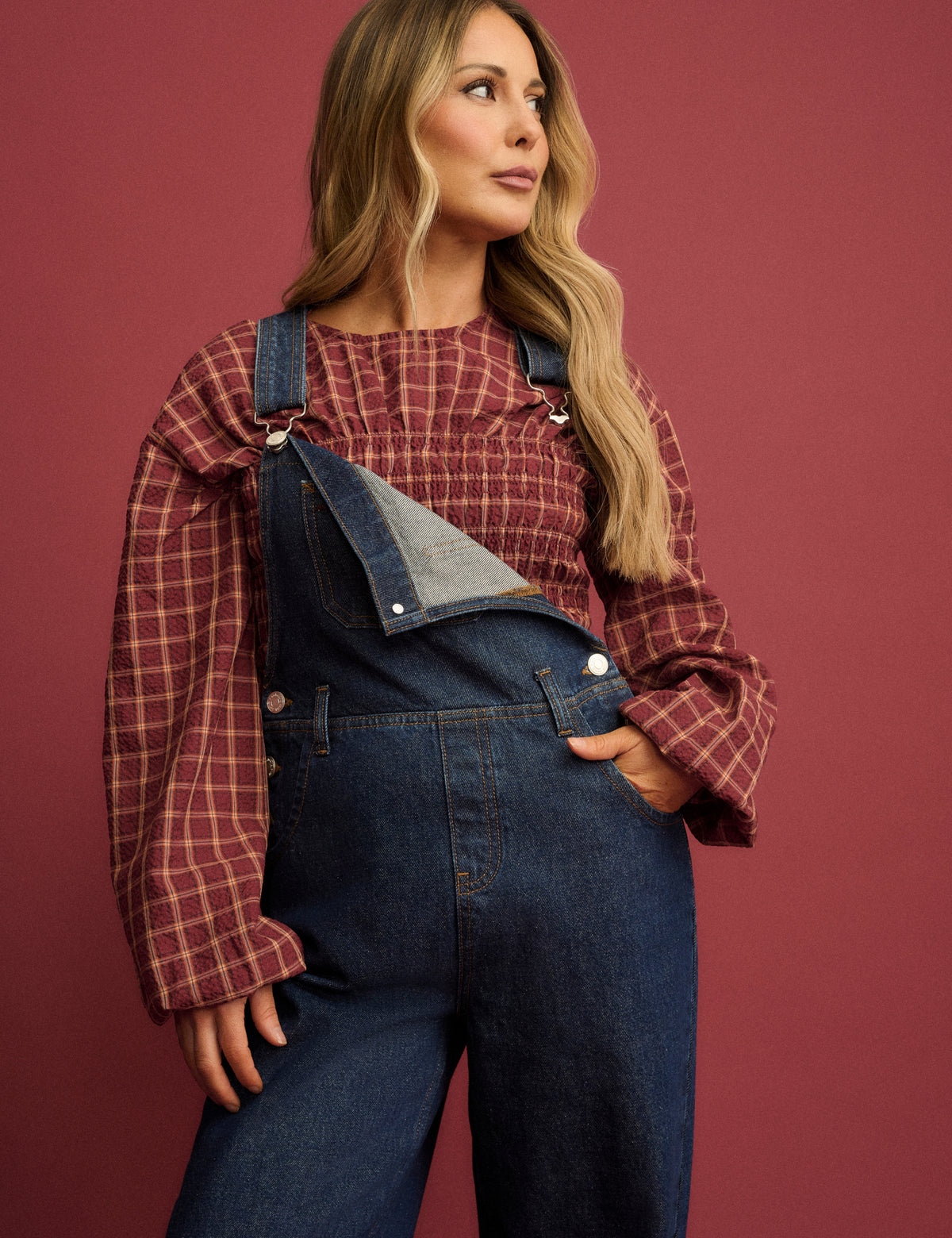 Red Check Shirred Peplum Blouse