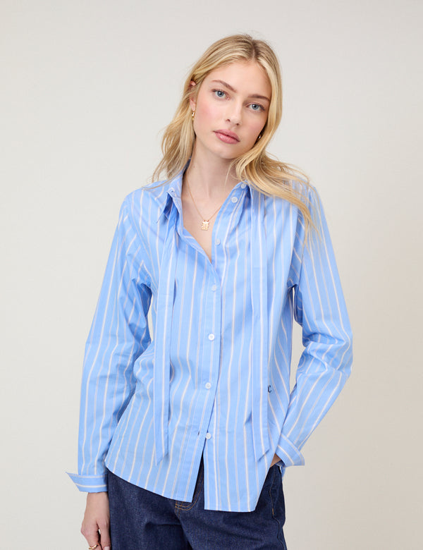 Blue Pinstripe Bow Collar Shirt