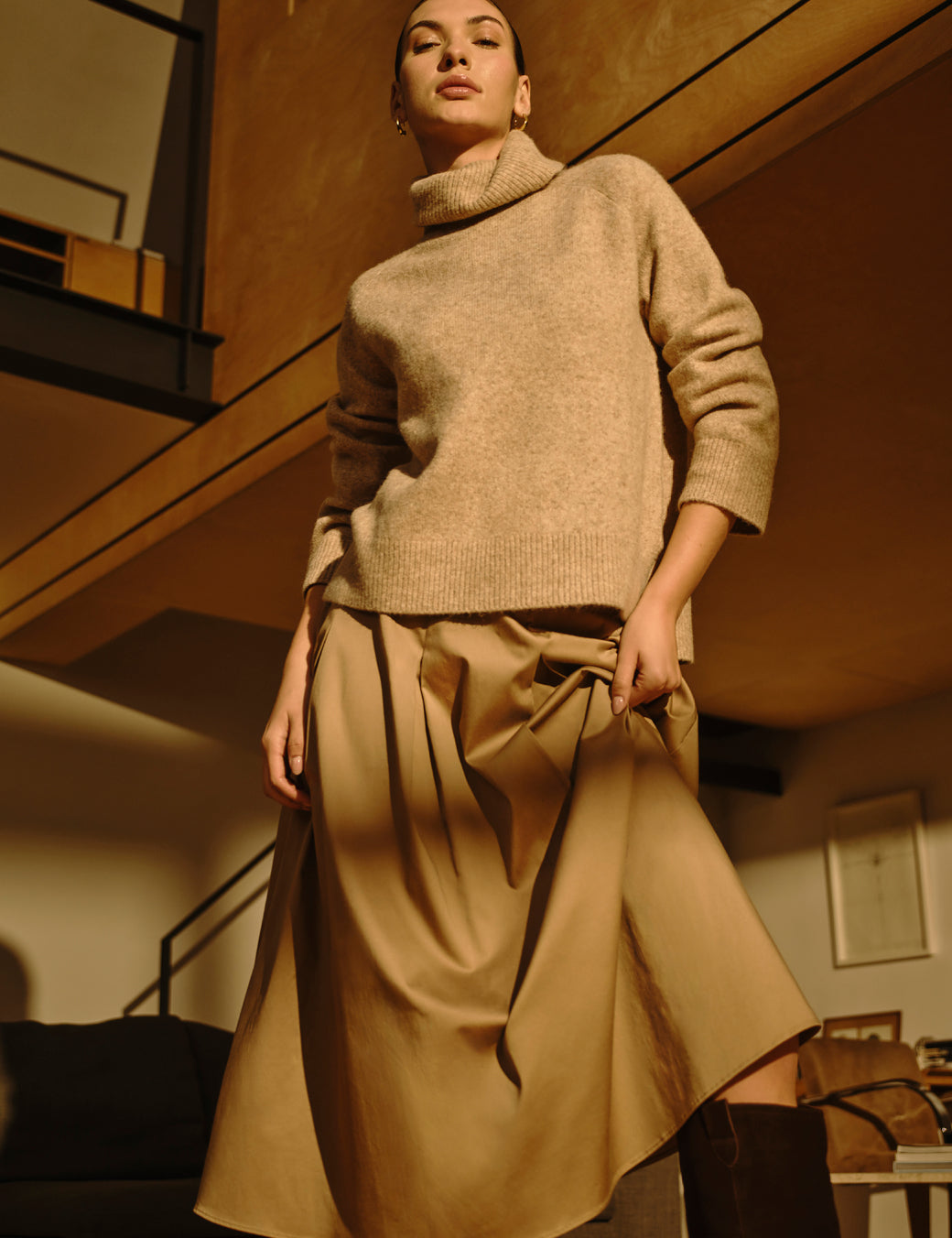 Beige Pleated Midi Skirt