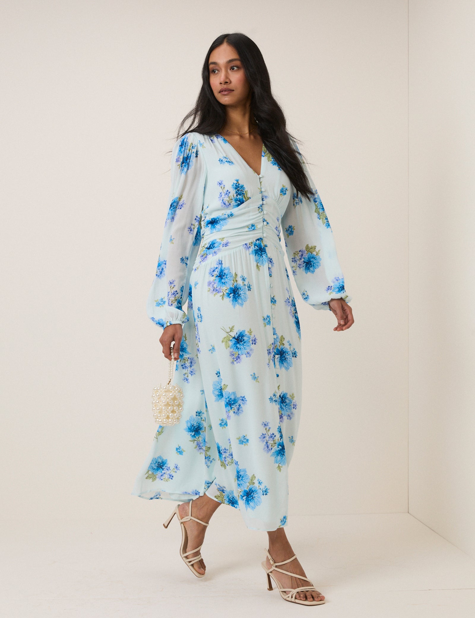 blue floral long sleeve midi dress Womens Blue Floral Silk Midi Dress Button Front Long Silk Dress Blue / XS