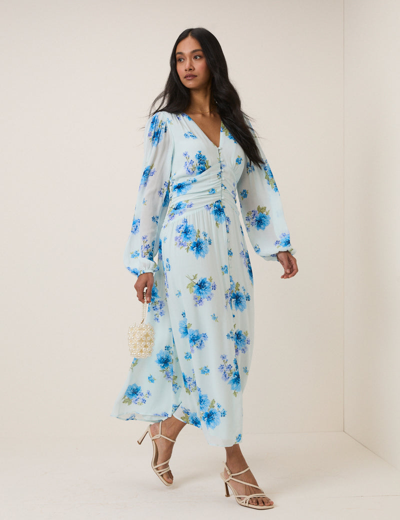 V-Neck Button Front Long Sleeve Panelled Waist Dress