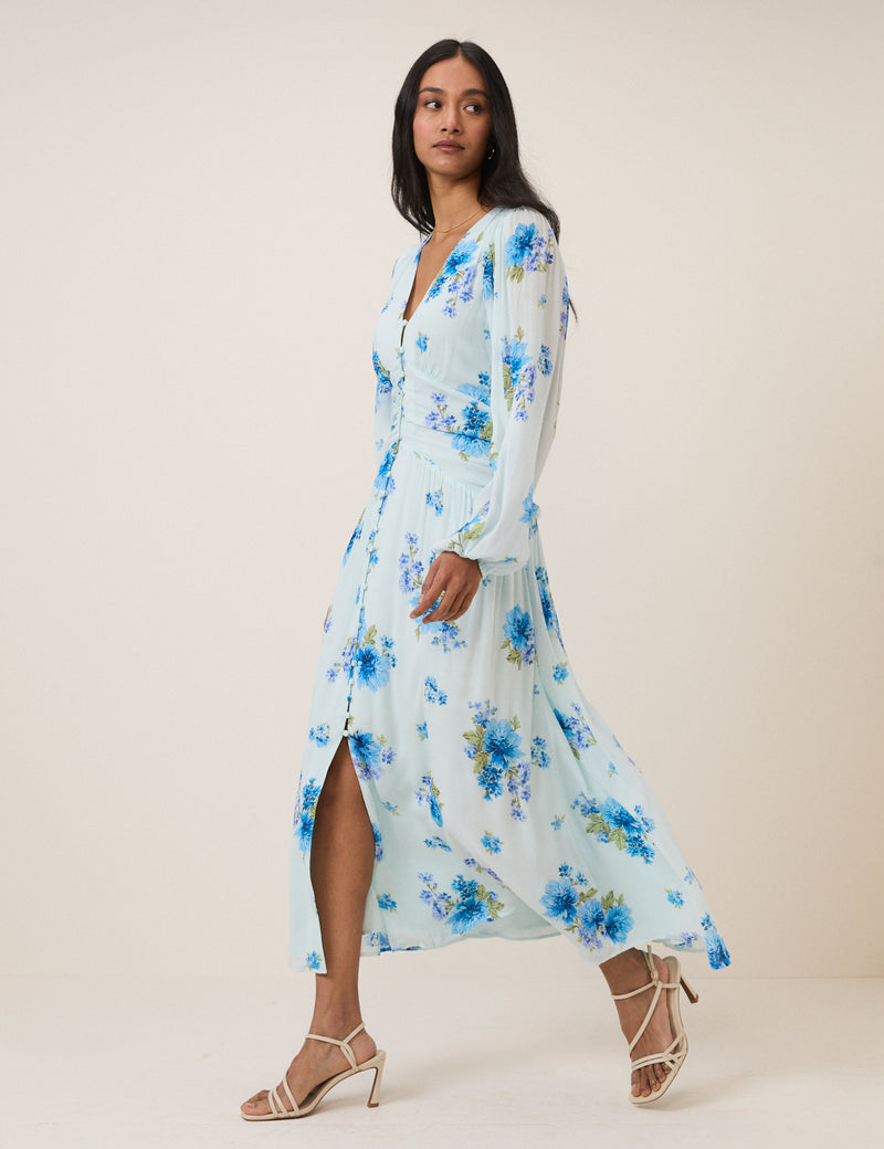 V-Neck Button Front Long Sleeve Panelled Waist Dress