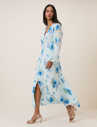 Blue Floral Long Sleeve Luna Midi Dress