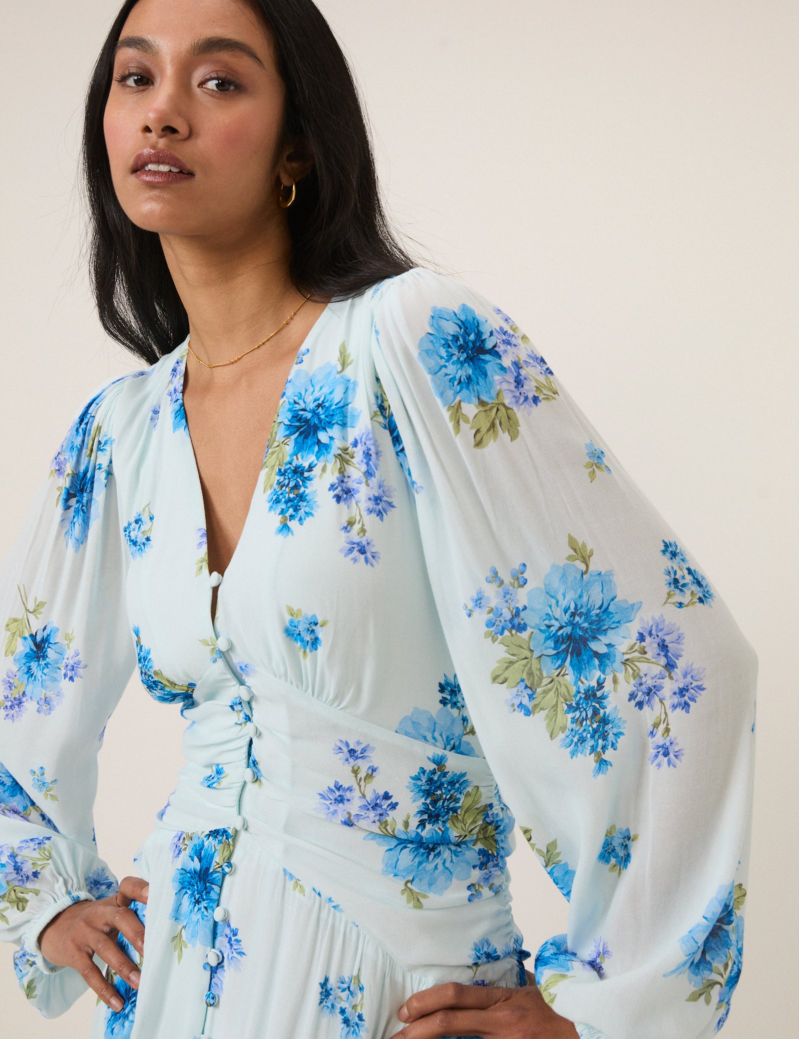 Blue Floral Long Sleeve Luna Midi Dress