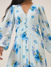Blue Floral Long Sleeve Luna Midi Dress